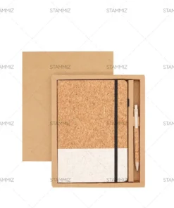 สมุดไดอารี่ปกแข็งมุมมน ทูโทน ปกไม้คอร์กรีไซเคิล และผ้าลินิน